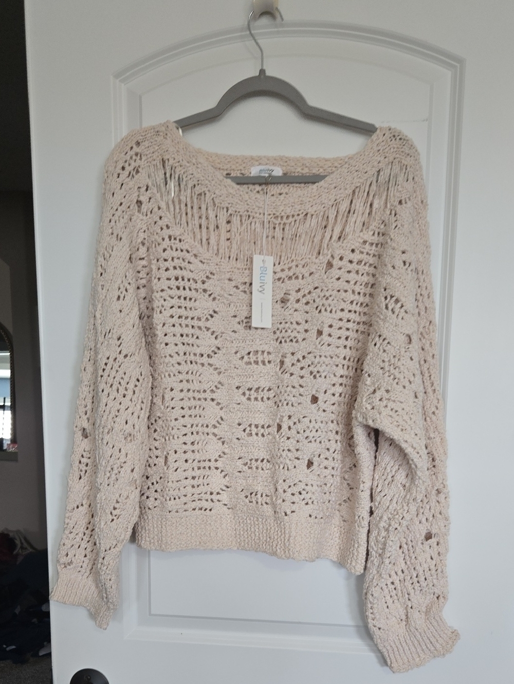 Bluivy Beige Open-Weave Fringe Off-Shoulder Sweater